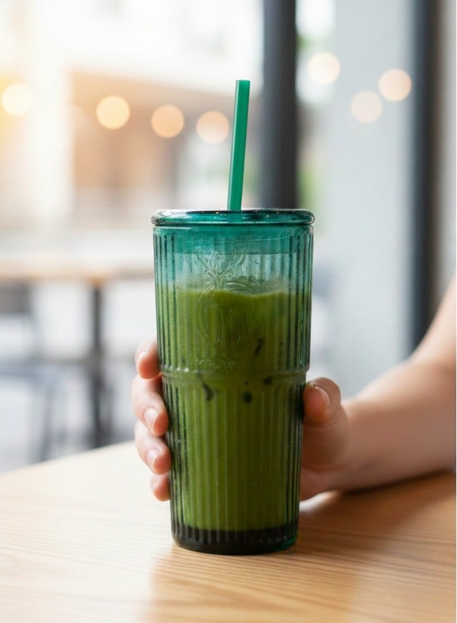 هابي هوم كوب زجاجي مزدوج الجدار مع غطاء وماصة 600 مل للأيس كوفي، العصائر، الكوكتيلات، الاستخدام المنزلي والسفر (أخضر زمردي) - Image 5